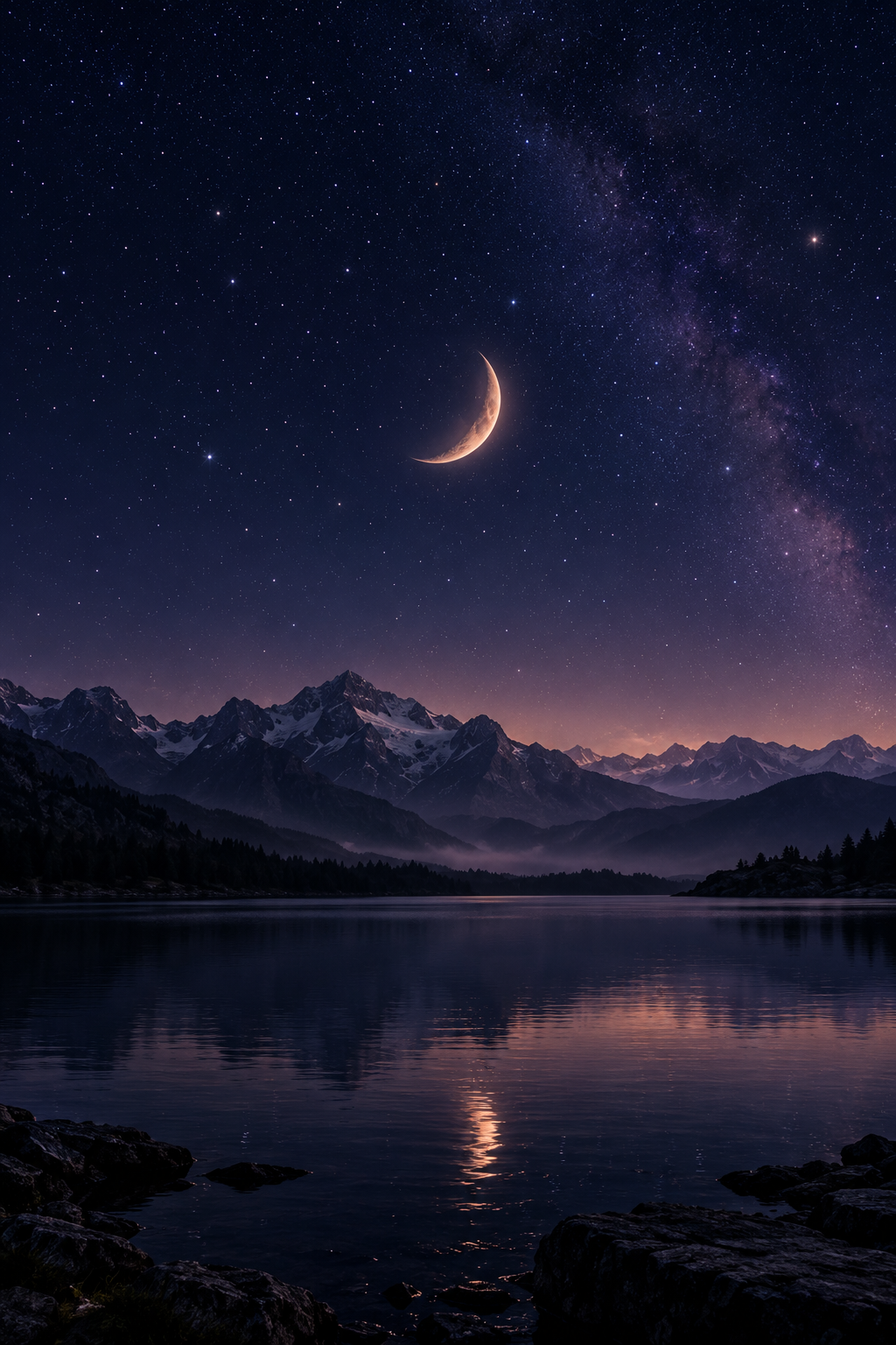 Una luna creciente ilumina un lago entre montañas bajo el cielo estrellado